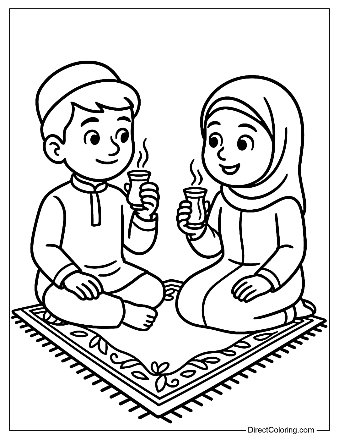 Coloring page of two children sitting on a carpet, drinking Iranian tea from small cups